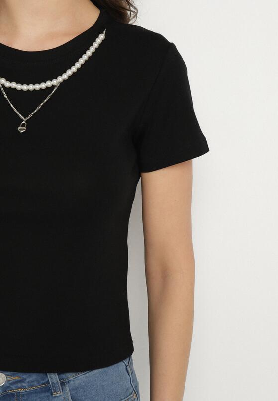 Czarny T-shirt z Bawełny Ozdobiona Perełkami i Odpinanym Łańcuszkiem Olinelis 5