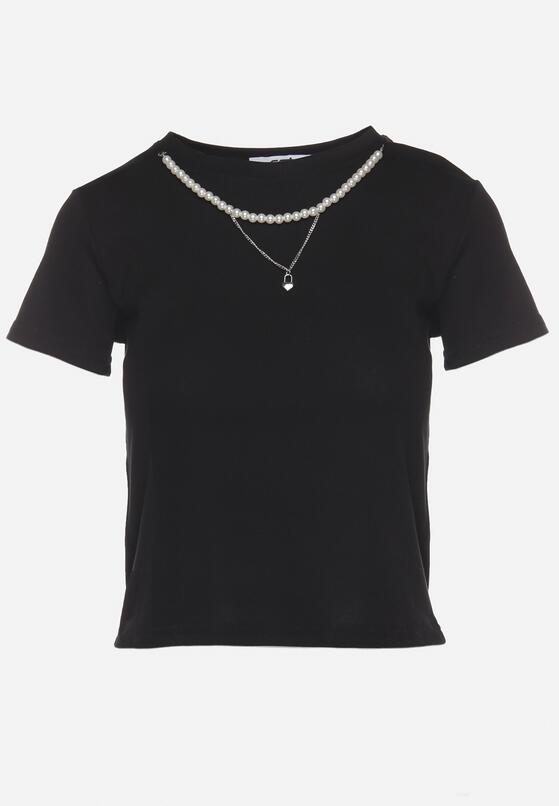 Czarny T-shirt z Bawełny Ozdobiona Perełkami i Odpinanym Łańcuszkiem Olinelis 6