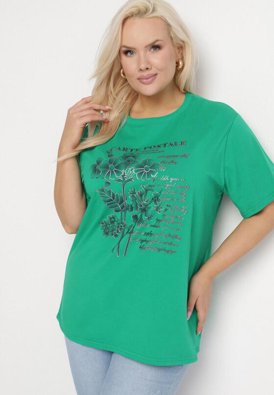 Ciemnozielony T-shirt z Bawełny z Metalicznym Nadrukiem Olianea 1