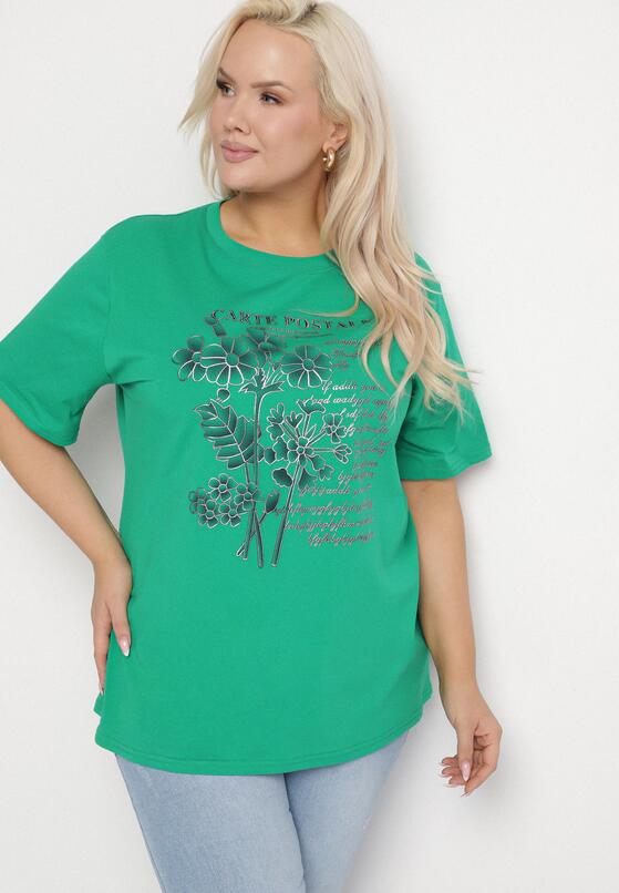 Ciemnozielony T-shirt z Bawełny z Metalicznym Nadrukiem Olianea 2
