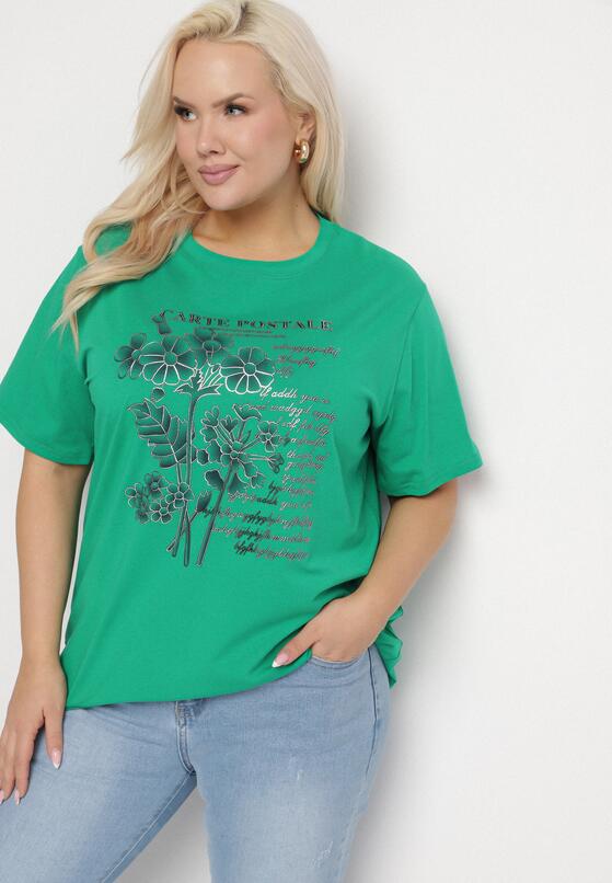 Ciemnozielony T-shirt z Bawełny z Metalicznym Nadrukiem Olianea 4
