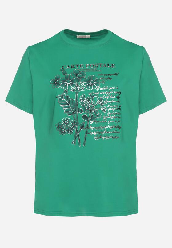 Ciemnozielony T-shirt z Bawełny z Metalicznym Nadrukiem Olianea 6