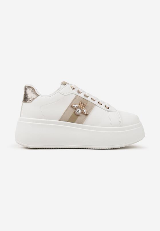 Biało-Złote Sneakersy na Platformie z Kryształowym Owadem na Cholewce Elanorila 4