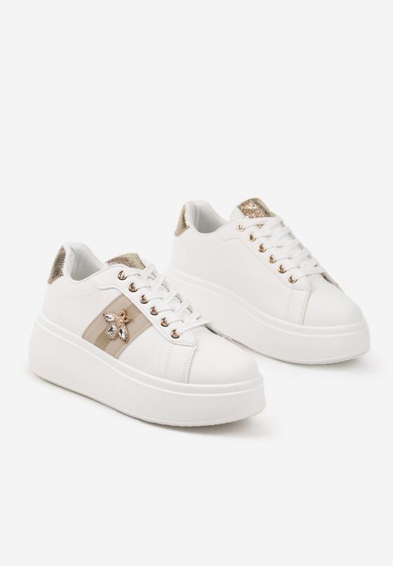 Biało-Złote Sneakersy na Platformie z Kryształowym Owadem na Cholewce Elanorila 5