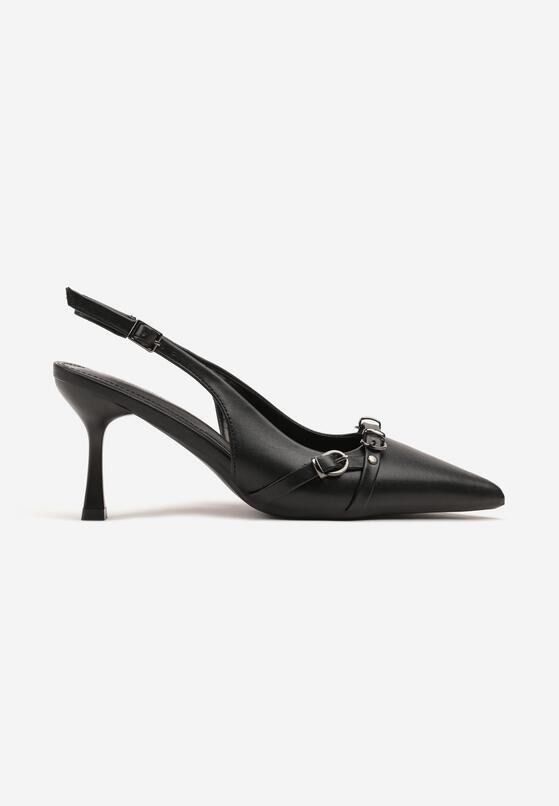 Czarne Sandały Slingback na Szpilce Zdobione Paskami z Klamrami Neliren 4