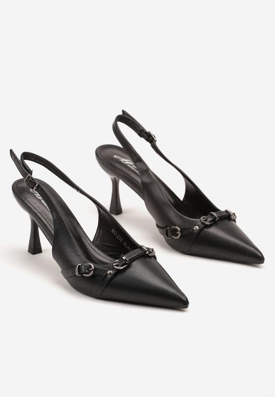 Czarne Sandały Slingback na Szpilce Zdobione Paskami z Klamrami Neliren 5