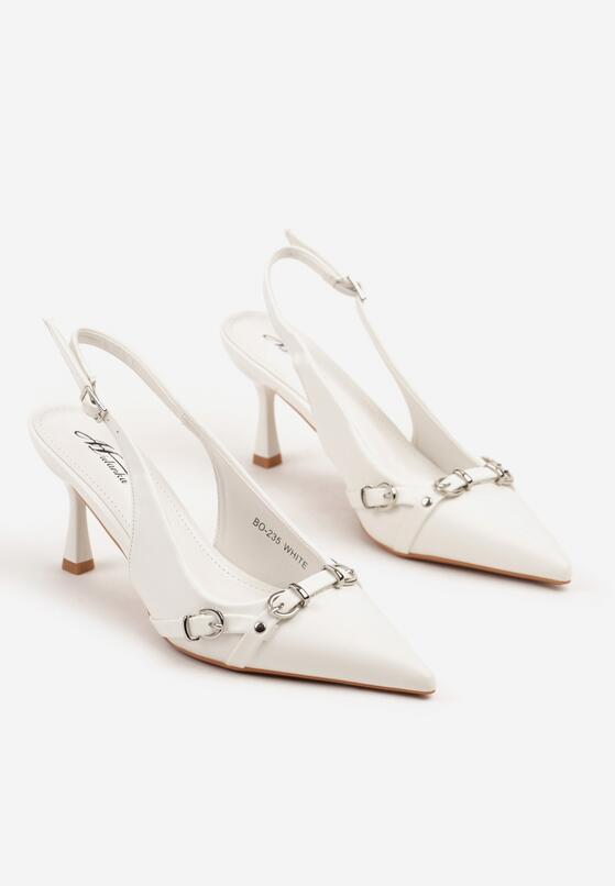 Białe Sandały Slingback na Szpilce Zdobione Paskami z Klamrami Neliren 5