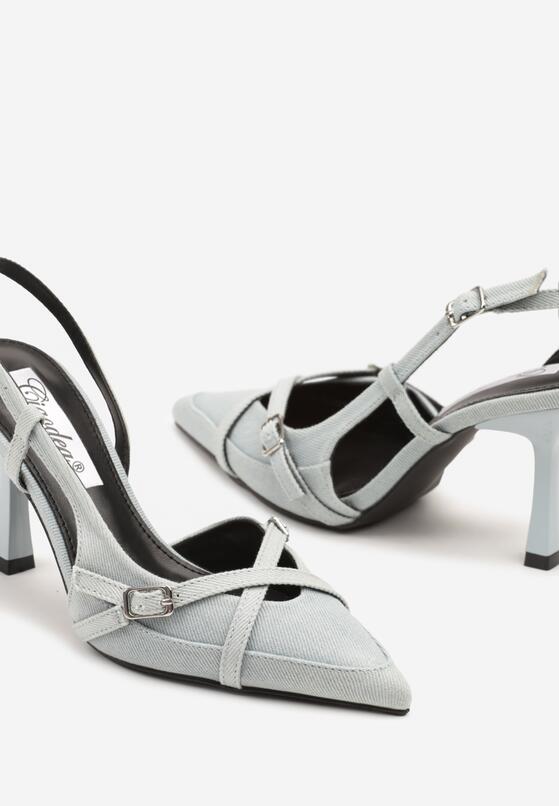 Niebieskie Sandały na Szpilce z Ozdobnym Paskiem i Klamrami Setlina 6