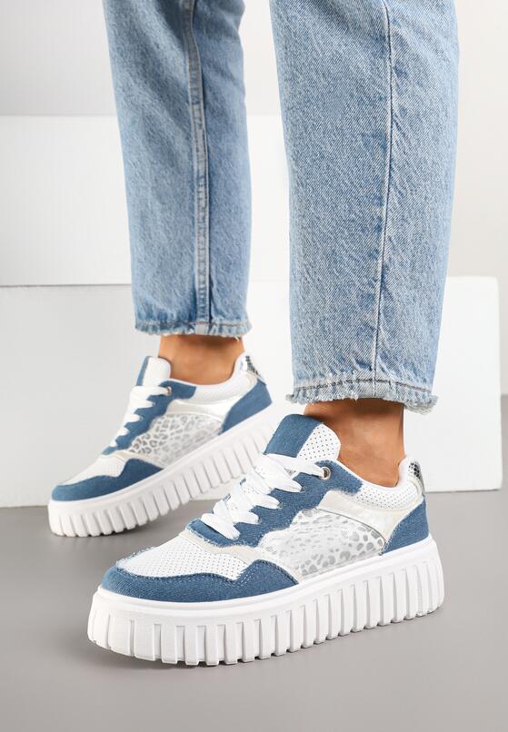 Niebiesko-Białe Sneakersy na Tłoczonej Podeszwie ze Zdobieniami w Panterkę Gerraza 1