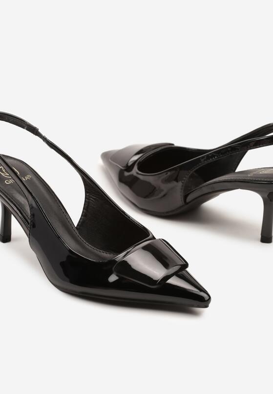 Czarne Sandały Slingback z Lakierowanym Połyskiem na Obcasie Harilin 6