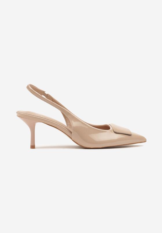 Beżowe Sandały Slingback z Lakierowanym Połyskiem na Obcasie Harilin 4