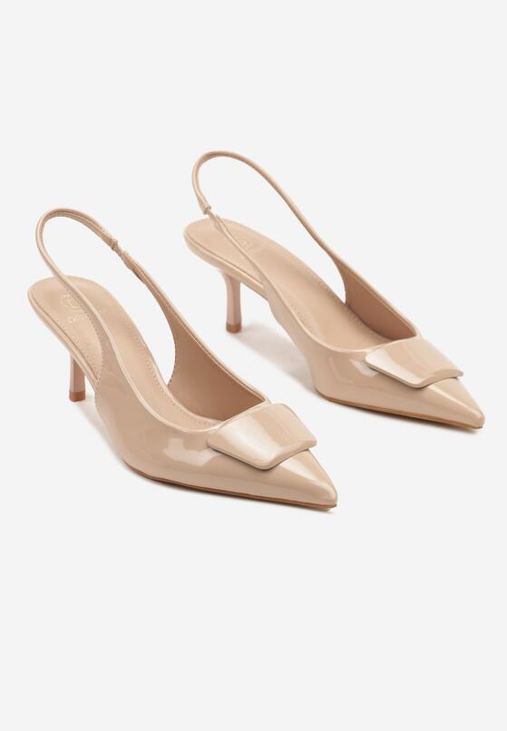 Beżowe Sandały Slingback z Lakierowanym Połyskiem na Obcasie Harilin 5