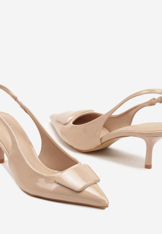 Beżowe Sandały Slingback z Lakierowanym Połyskiem na Obcasie Harilin 6