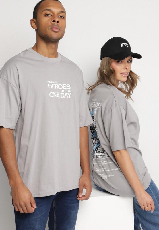 Szara  Koszulka T-shirt z Bawełny z Napisami i Nadrukiem na Plecach Danirsa 3