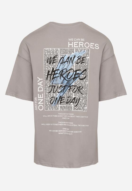 Szara  Koszulka T-shirt z Bawełny z Napisami i Nadrukiem na Plecach Danirsa 7
