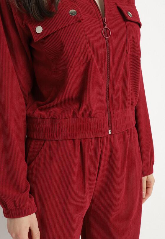 Bordowy Komplet Dresowy z Prążkowanego Materiału Bluza z Kołnierzykiem i Spodnie z Gumką w Pasie Kerulla 5