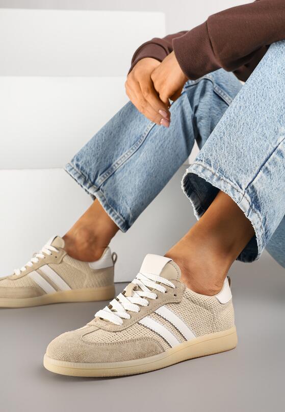 Beżowe Skórzane Sneakersy z Geometrycznym Wzorem Nanovia 2