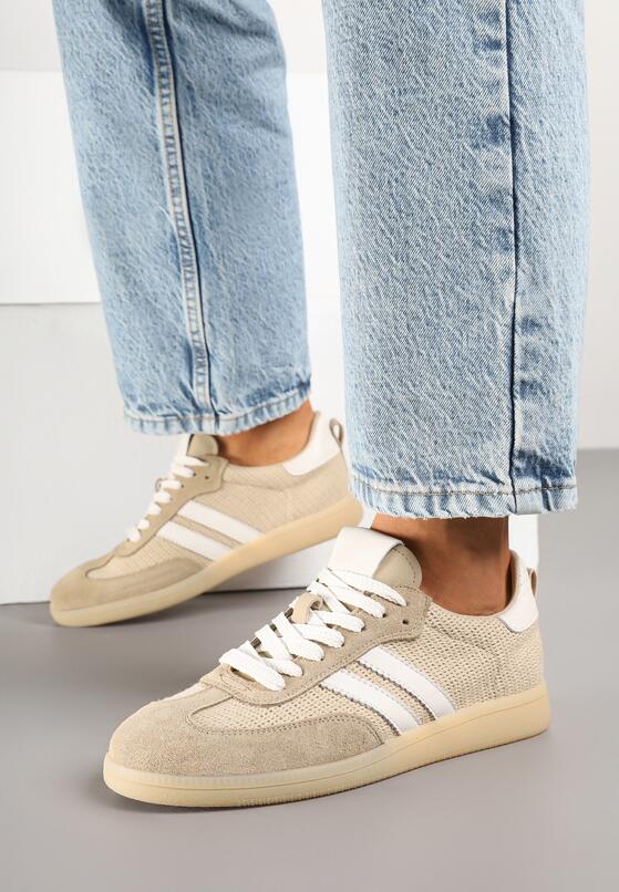 Beżowe Skórzane Sneakersy z Geometrycznym Wzorem Nanovia 1
