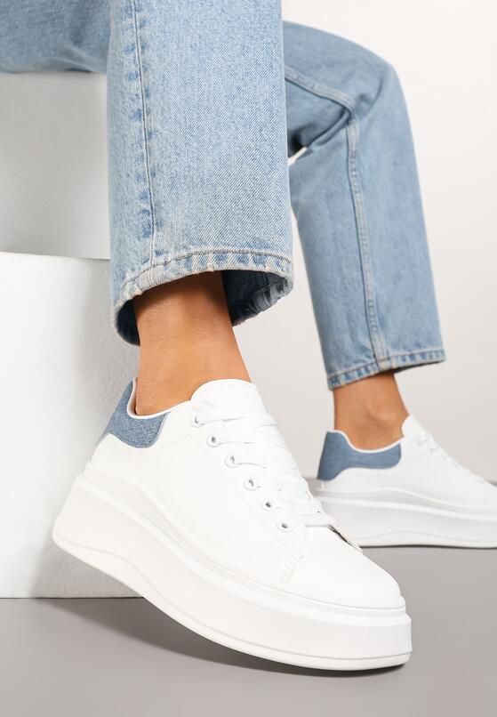 Biało-Niebieskie Gładkie Sneakersy z Ekoskóry na Grubej Podeszwie ze Sznurowaniem Avara 2