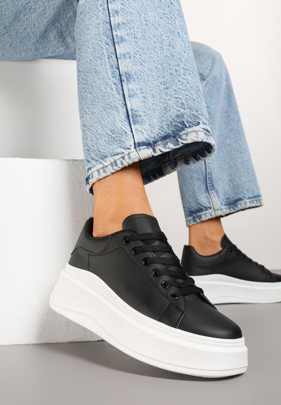 Czarne Gładkie Sneakersy z Ekoskóry na Grubej Podeszwie ze Sznurowaniem Avara 1