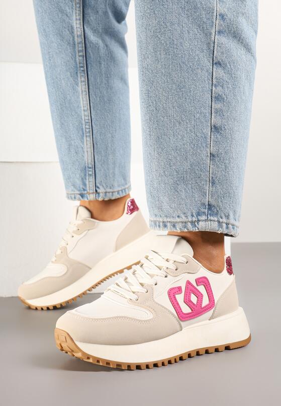 Beżowo-Różowe Sneakersy na Grubej Podeszwie z Ozdobną Aplikacją Alivrella 3