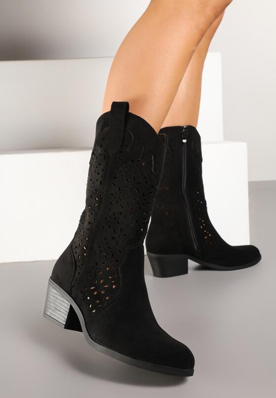 Czarne Ażurowe Botki na Obcasie w Stylu Kowbojek Lissemi 2