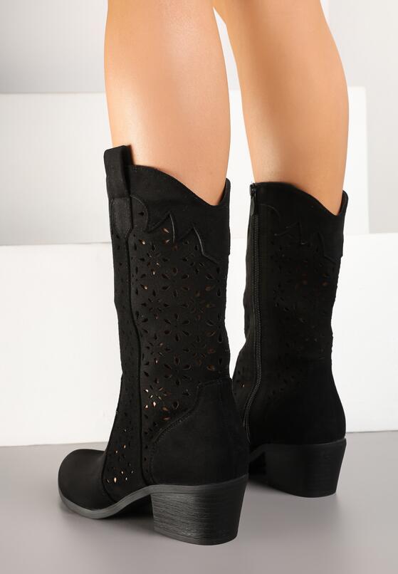 Czarne Ażurowe Botki na Obcasie w Stylu Kowbojek Lissemi 3