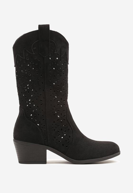 Czarne Ażurowe Botki na Obcasie w Stylu Kowbojek Lissemi 4