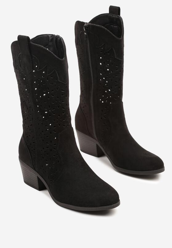 Czarne Ażurowe Botki na Obcasie w Stylu Kowbojek Lissemi 5