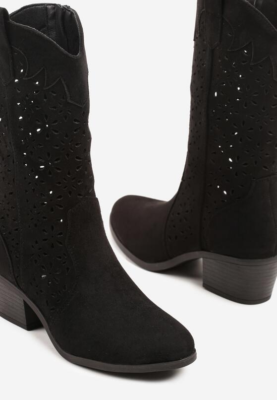 Czarne Ażurowe Botki na Obcasie w Stylu Kowbojek Lissemi 6