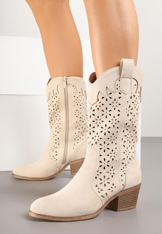 Beżowe Ażurowe Botki na Obcasie w Stylu Kowbojek Lissemi 1