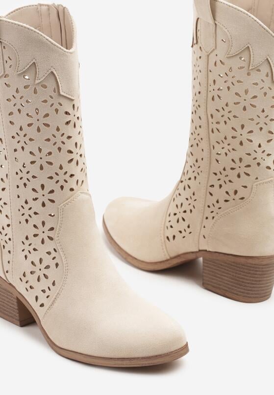 Beżowe Ażurowe Botki na Obcasie w Stylu Kowbojek Lissemi 6