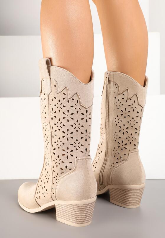 Ciemnobeżowe Ażurowe Botki na Obcasie w Stylu Kowbojek Lissemi 3