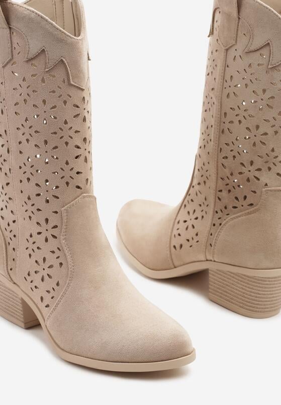 Ciemnobeżowe Ażurowe Botki na Obcasie w Stylu Kowbojek Lissemi 6