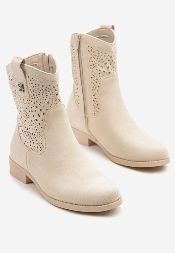 Beżowe Botki w Stylu Kowbojek z Ażurowymi Wycięciami Efadriana 5
