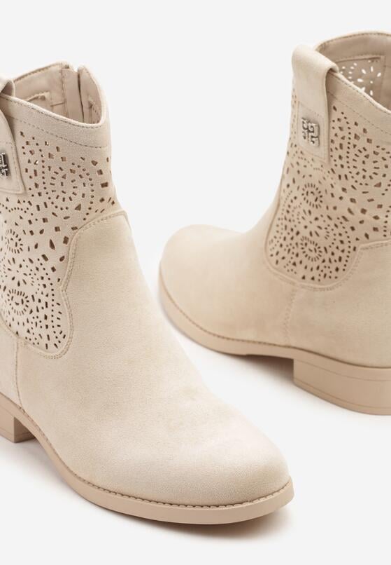 Beżowe Botki w Stylu Kowbojek z Ażurowymi Wycięciami Efadriana 6