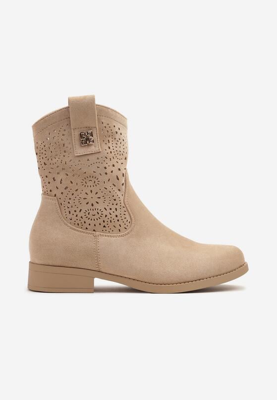 Ciemnobeżowe Botki w Stylu Kowbojek z Ażurowymi Wycięciami Efadriana 4