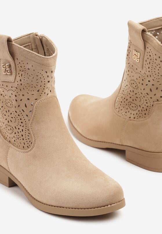 Ciemnobeżowe Botki w Stylu Kowbojek z Ażurowymi Wycięciami Efadriana 6