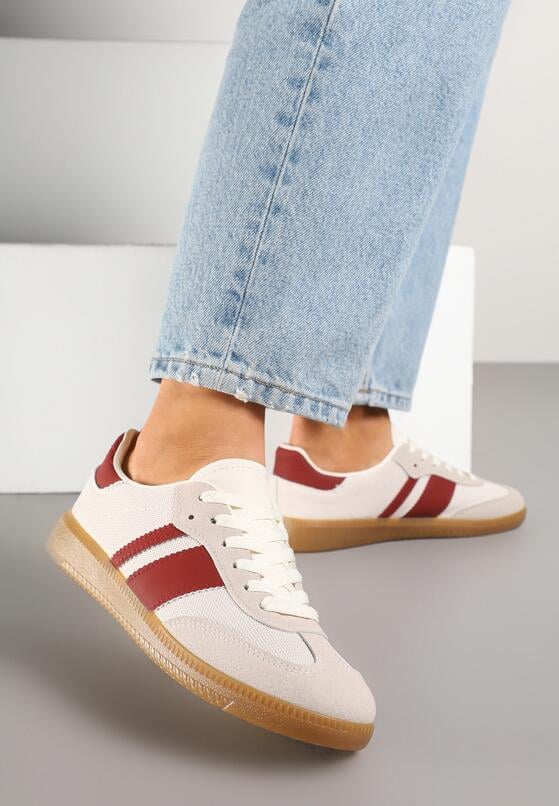 Beżowo-Bordowe Sneakersy Tenisówki z Ozdobnymi Paskami Nelidi 1