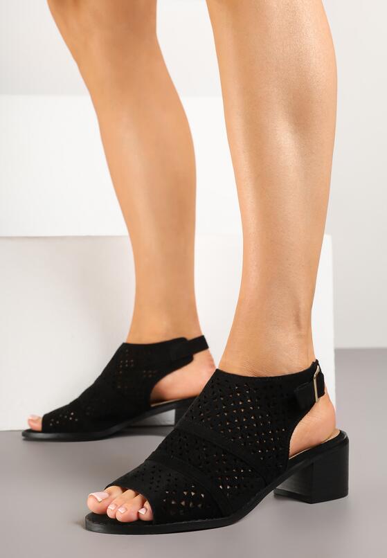 Czarne Sandały Botki na Słupku z Ażurową Cholewką i Noskiem Peep Toe Lanira 1