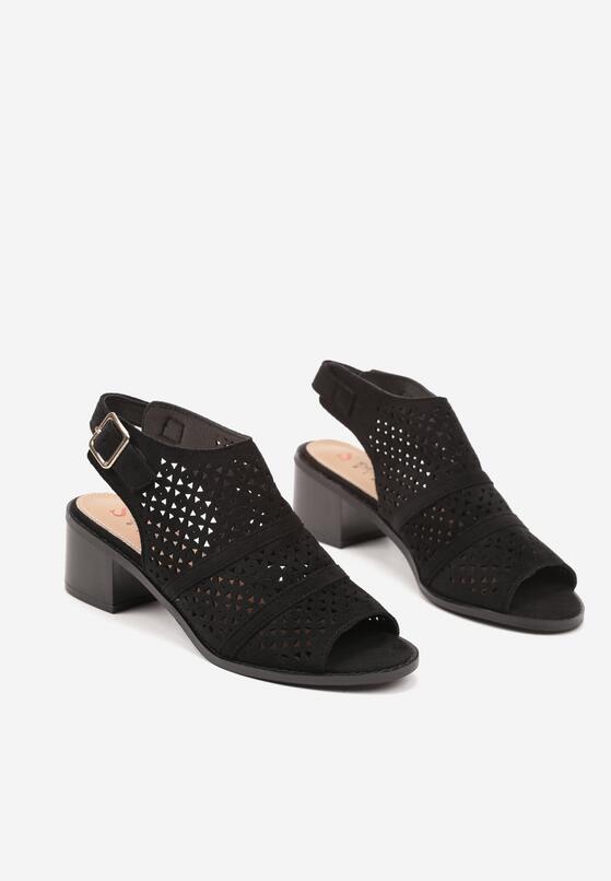 Czarne Sandały Botki na Słupku z Ażurową Cholewką i Noskiem Peep Toe Lanira 5