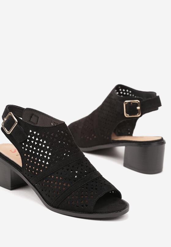 Czarne Sandały Botki na Słupku z Ażurową Cholewką i Noskiem Peep Toe Lanira 6
