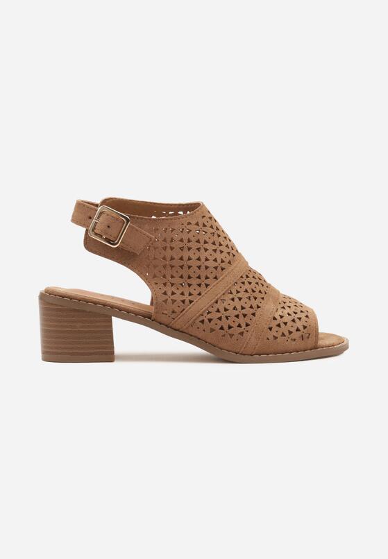 Ciemnobeżowe Sandały Botki na Słupku z Ażurową Cholewką i Noskiem Peep Toe Lanira 4
