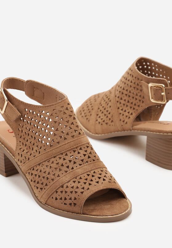 Ciemnobeżowe Sandały Botki na Słupku z Ażurową Cholewką i Noskiem Peep Toe Lanira 6