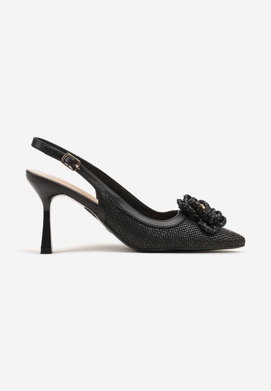 Czarne Plecione Sandały Slingback na Szpilce Zdobione Kwiatową Aplikacją Willifia 4