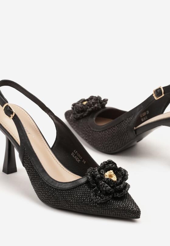 Czarne Plecione Sandały Slingback na Szpilce Zdobione Kwiatową Aplikacją Willifia 6
