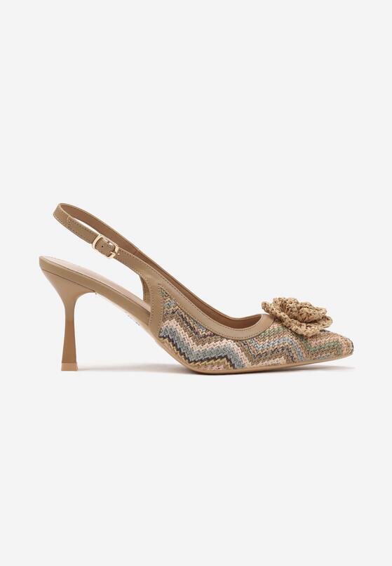 Brązowe Plecione Sandały Slingback na Szpilce Zdobione Kwiatową Aplikacją Willifia 4