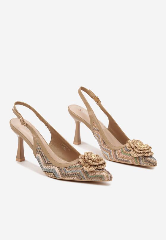 Brązowe Plecione Sandały Slingback na Szpilce Zdobione Kwiatową Aplikacją Willifia 5