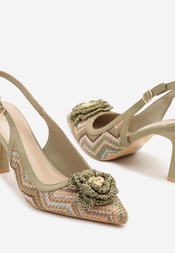 Zielone Plecione Sandały Slingback na Szpilce Zdobione Kwiatową Aplikacją Willifia 6