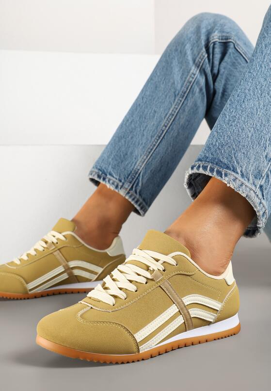Żółte Sneakersy z Przeszyciami i Ozdobnymi Paskami na Boku Beniffa 2